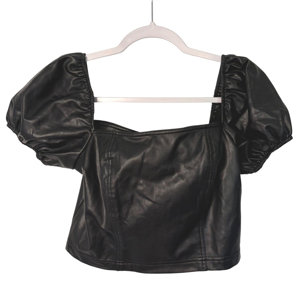 7‎ For All Mankind Black Faux Leather Puff Sleeve Crop Top S Goth Girl Baddie